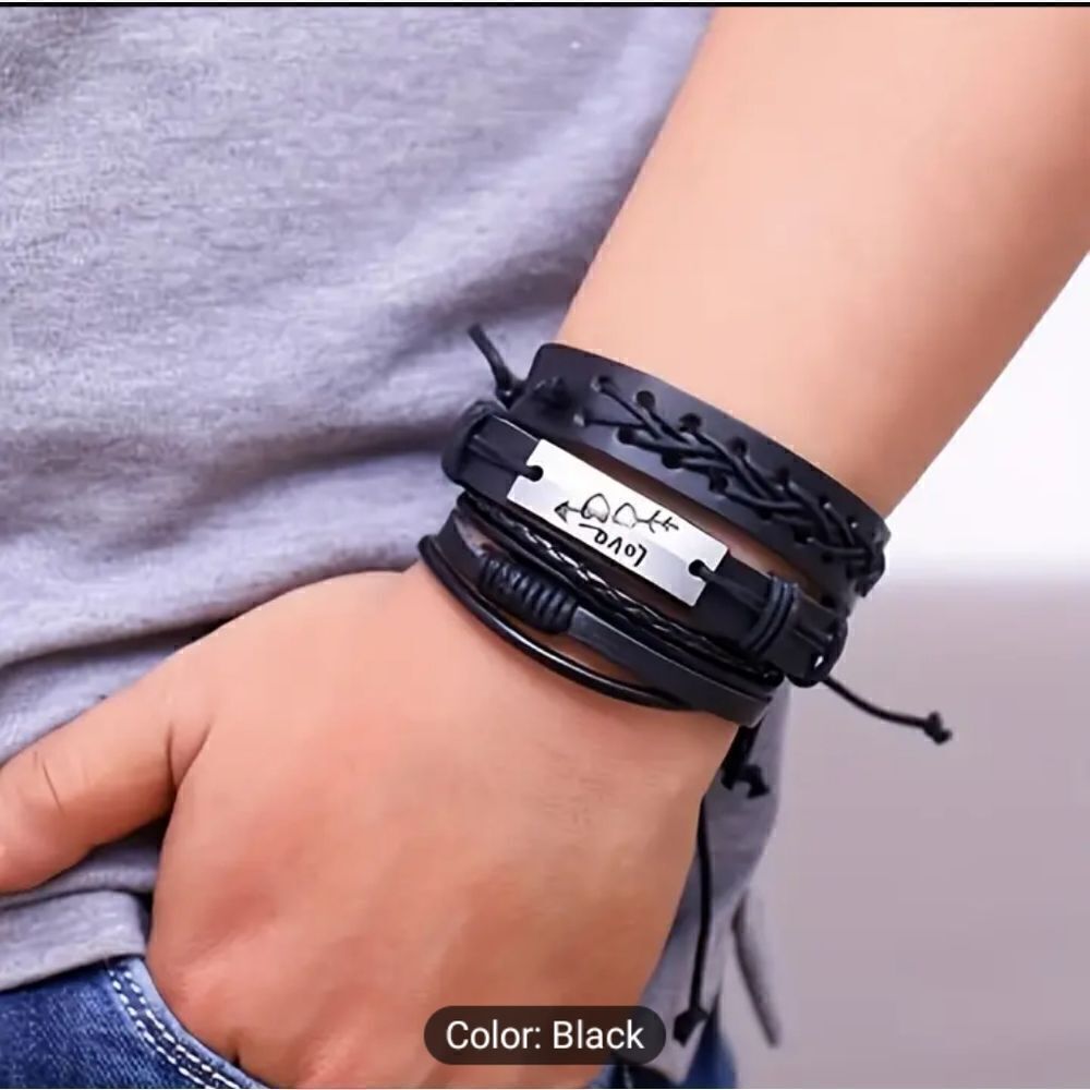 Men's leather bracelets set layered braided black new d13